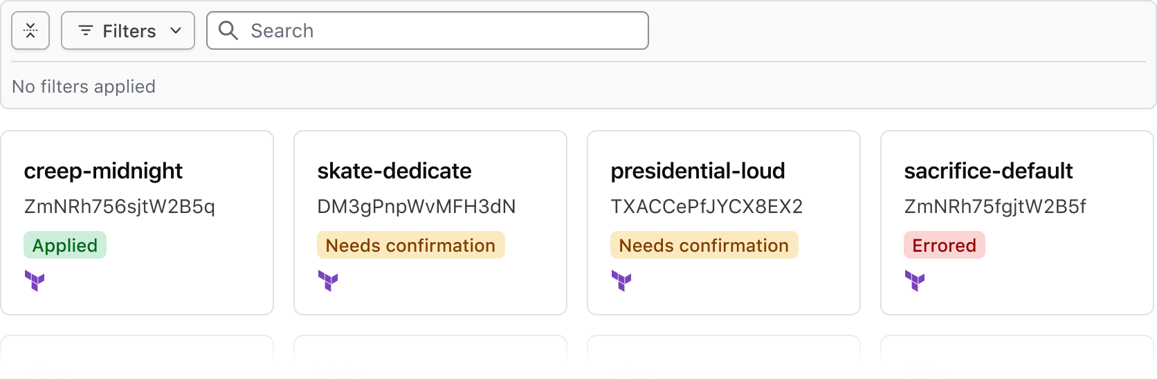Example of a standalone Filter Bar paired with a data set rendered in cards